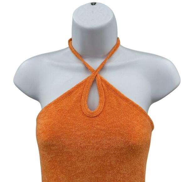 Hollister Terry Halter Midi Dress WMNS S Orange Terrycloth Keyhole Built-In Bra - Picture 4 of 8